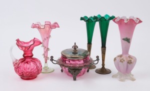 Antique ruby glass butter dish with silver plated mounts, ruby glass jug and vase, satin glass vase and pair of Bohemian green glass trumpet vases with metal bases, (6 items), the largest 23cm high