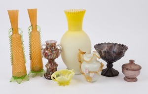 Antique glass dishes, bowls and vases including end of day glass, satin glass, pressed and hot spun glass, 19th century, (8 items), ​​​​​​​the largest 29cm high