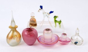 Three hand blown art glass perfume bottles, two English mushroom ornaments, Murano glass apple and two Bimini glass animals, (8 items), ​​​​​​​the largest perfume bottle 15cm high
