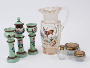 Antique glass water jug with enamel deer decoration, three green glass vases and three pieces of vanity ware, 19th and early 20th century, (7 items), ​​​​​​​the jug 29cm high