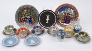 Set of six German porcelain coffee cups and saucers, 2 x Danish porcelain vases, 3 x Wedgwood jasper ware dishes, and a pair of Royal Worcester porcelain Christmas plates, (19 items), the larger vase 12.5cm high