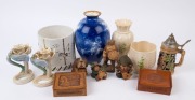 Two Irish porcelain vases, Doulton "Blue Children" vase (A/F), beer stein, pair of candlesticks, two leather tobacco boxes, jardiniere and four assorted ornaments, 20th century, (13 items), ​​​​​​​the largest 23cm high