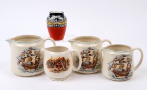 BURLEIGH WARE English Art Deco porcelain vase, graduated set of three galleon jugs and an English porcelain jug, 20th century, (5 items), the vase 11cm high