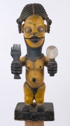 A tribal figure, carved wood and cloth with yellow and blue painted finish, African origin, 88cm high overall - 2