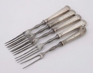 Five assorted antique forks with silver handles, 18th century, ​​​​​​​the largest 20.5cm long