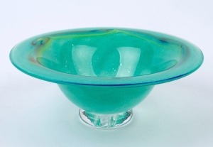 Scandinavian green art glass bowl, signature to base, 9cm high, 21.5cm diameter
