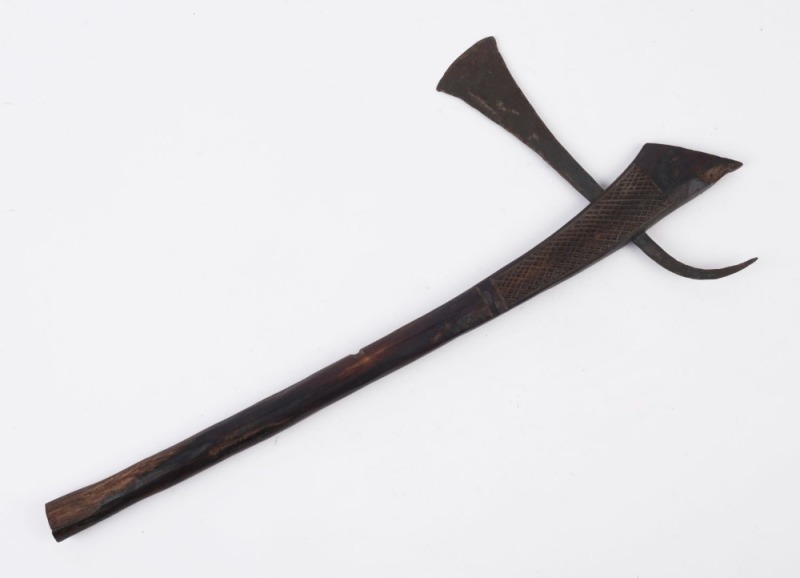 A tribal axe, carved wood and wrought metal, African origin, 19th/20th century,49cm long
