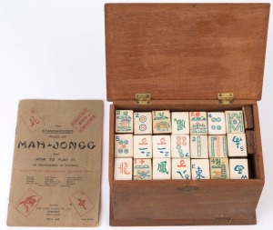 MAH-JONG vintage set with timber and painted card tile, in timber case with 1924 instruction booklet, ​the box 19cm wide