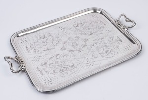 CHRISTOFLE French antique silver plated serving tray with finely engraved decoration, late 19th century, 58cm across the handles
