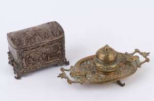 An antique cast brass inkwell together with a silver plated repoussé jewellery casket, 19th century, (2 items), ​the inkwell 25cm wide