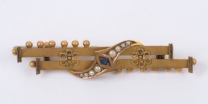 An antique 9ct gold double bar brooch set with seed pearls and sapphire, late 19th century, ​​​​​​​4.5cm wide, 2.4 grams