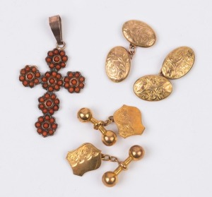 A pair of 9ct gold cufflinks (3.8 grams), a pair of gold plated cufflinks and a coral crucifix pendant