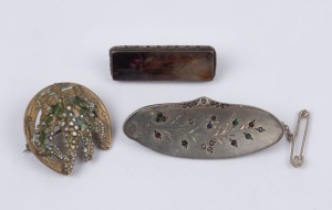 Three antique and vintage brooches, enamel, silver and Blue John, 19th and 20th century, the largest 4.5cm wide