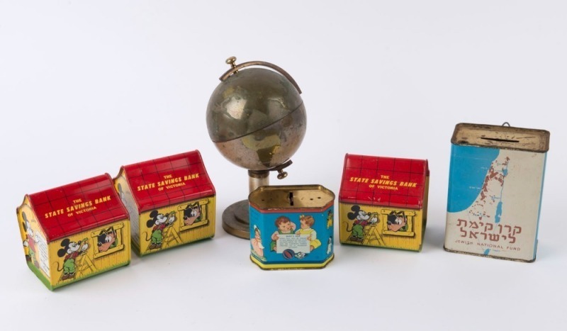 Five assorted vintage money boxes and a globe of the world straw dispenser (6 items), 20th century, the globe 21cm high