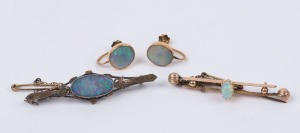 A pair of gold and opal earrings, a gold and opal brooch and a silver and opal brooch (3 items), 19th and 20th century