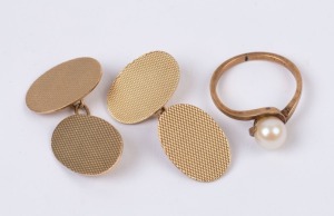 A pair of 9ct gold cufflinks together with a gold and pearl ring, early to mid 20th century, the cufflinks 5.8 grams