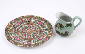 A Chinese Canton porcelain plate and a celadon jug, 20th century, the plate 26cm diameter