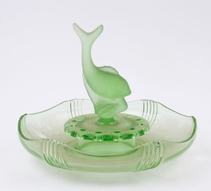 An English green glass float bowl with fish centrepiece, circa 1930, 24cm high, 29cm diameter