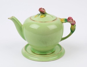 ROYAL WINTON green English porcelain teapot and trivet, circa 1930, circular factory mark to base, 17cm high overall