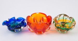 Three assorted MURANO glass bowls, circa 1960s, ​​​​​​​the largest 10cm high, 16cm wide