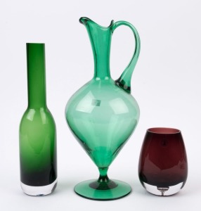 A Murano green glass ewer together with two Scandinavian glass vases (3 items), circa 1960, the largest 35cm high