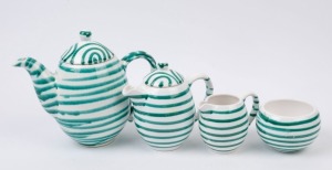 GMUNDNER KERAMIK Austrian ceramic four piece green striped tea service, factory mark to base, ​​​​​​​the largest 21cm high