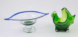 An art glass compote together with a green art glass vase, 20th century, the larger 38cm wide