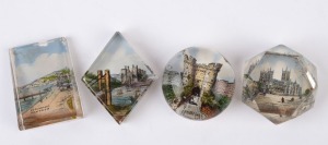 Four antique pictorial English glass paperweights including Esplanade, Vetnor and castle scenes, 19th century, the largest 6.5cm high