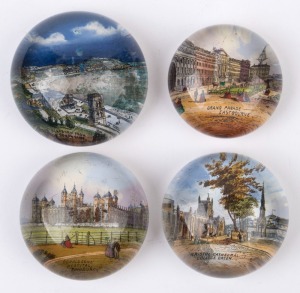 Four antique circular pictorial English glass paperweights, 19th century, ​​​​​​​the largest 6cm diameter