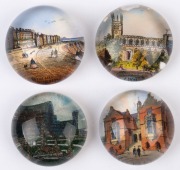 Four antique circular pictorial English glass paperweights including The Les Folkstone, Harrow School, Crystal Palace and Newport Pagnell, 19th century, ​​​​​​​the largest 5cm diameter