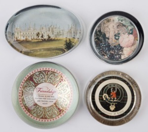 Four assorted vintage glass paperweights, English and French, including The Royal Pavilion, Brighton, 20th century, ​​​​​​​the largest 10cm wide