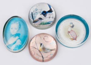 Four assorted vintage glass paperweights, including Beatrix Potter and Fairy Wrens, 20th century, the largest 10cm wide