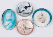 Four assorted vintage glass paperweights, including Beatrix Potter and Fairy Wrens, 20th century, ​​​​​​​the largest 10cm wide