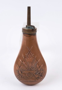 A black powder flask, embossed copper and brass, 20cm long