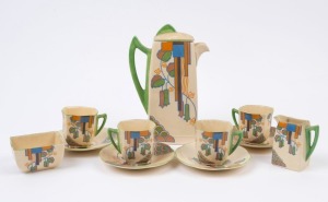 ROYAL DOULTON "Marina" English Art Deco coffee set for four, circa 1925, (11 pieces), the coffee pot 20cm high