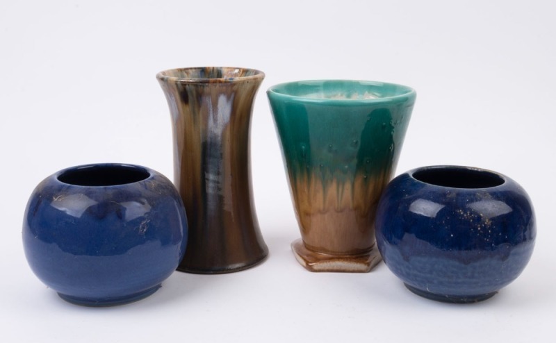 BENDIGO POTTERY green and brown glazed vase, two BENDIDGO "Waverley Ware" blue glazed vases and a BENNETT pottery vase, early to mid 20th century, (4 items), the largest 20cm high