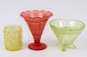 A uranium glass "Mercury" vase together with a hobnail jar and a pink Art Deco glass vase, 19th and early 20th century, (3 items), the largest 17cm high