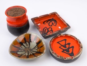 ELLIS pottery cannister together with three ashtrays and dishes, (4 items), incised "Ellis", the cannister 17cm high