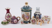 LIMOGES French porcelain boxes, vases, miniature teapot, perfume bottle etc., 20th century, (9 items), the largest 14cm high