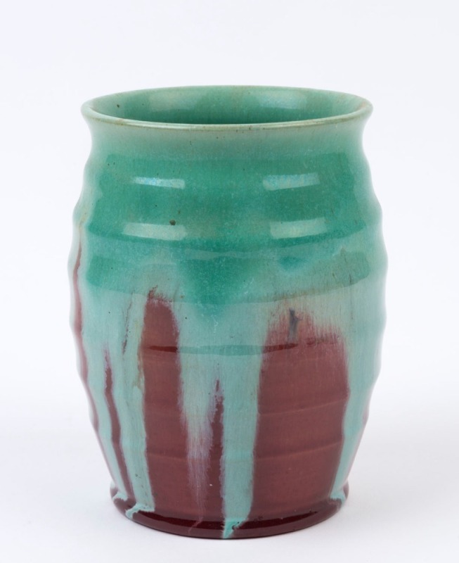 JOHN CAMPBELL ribbed pottery vase with unusual turquoise green and burgundy glaze, incised "John Campbell, Tasmania", 13cm high