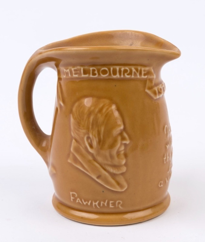 HOFFMAN WARE "Melbourne Centenary, 1934" pottery jug with Fawkner and Batman, stamped "Hoffman Ware, Australian", 12cm high