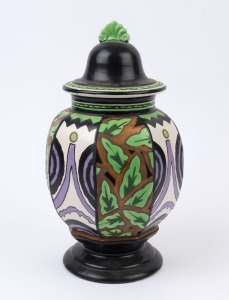 A Belgian Art Deco hand-painted lidded vase, circa 1920, stamped "Faiancerie A.M.C.", 35cm high