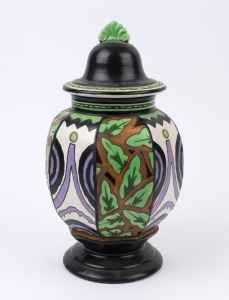 A Belgian Art Deco hand-painted lidded vase, circa 1920, stamped "Faiancerie A.M.C.", ​​​​​​​35cm high