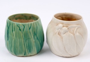 MELROSE WARE green glazed gum leaf vase and white glazed vase, (2 items), stamped "Melrose Ware, Australian", 11cm and 12cm high