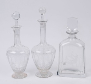 Three assorted antique and vintage decanters including an engraved ORREFORS example, the largest 30cm high