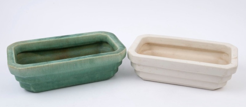 MELROSE WARE cream glazed pottery trough together with a green glazed example (holed), (2 items), stamped "Melrose Ware, Australian", 10cm high, 33cm wide