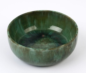 JOHN CAMPBELL green glazed pottery fruit bowl, incised "John Campbell, 1932", 8cm high, 21.5cm diameter