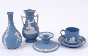 JASPER WARE two vases, a candle holder together with a cup and saucer, 20th century, (5 items), 28cm and 18cm high