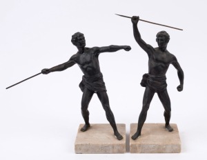 A pair of cast spelter warrior statues on marble bases, late 19th century, 28cm high