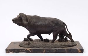 A cape buffalo statue, cast resin on black marble plinth, 20th century, 19cm high, 35cm wide